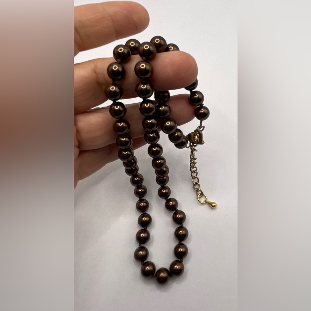 Vintage Strand of Brown Glass Faux Pearls Knotted Heart Clasp